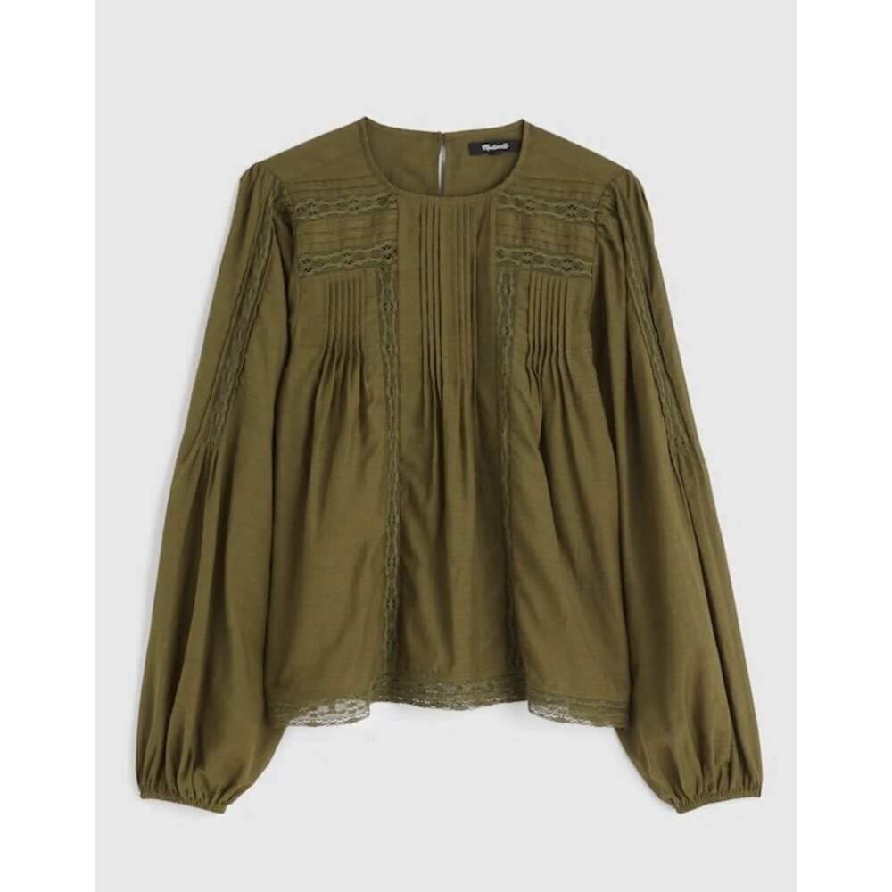 Madewell Lace-Insert Pintucked Long Sleeve Top~Size XS~Faded Ivy Green NWT L1041